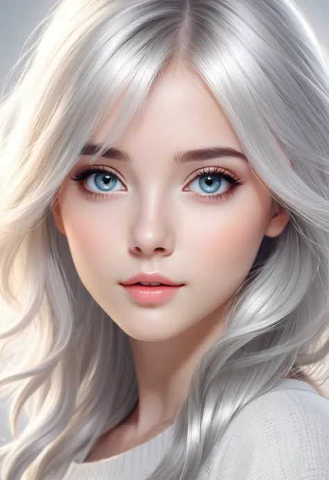   Vectorized graphic design of a cute beautiful girl with silvery-white medium length hair. A close-up of her beautiful eyes, Fa...