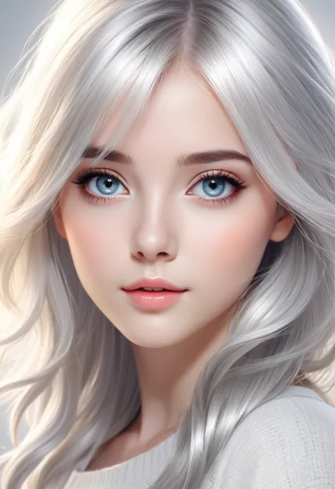 vectorized graphic design of a cute beautiful girl with silvery-white medium length hair. a close-up of her beautiful eyes, fant...