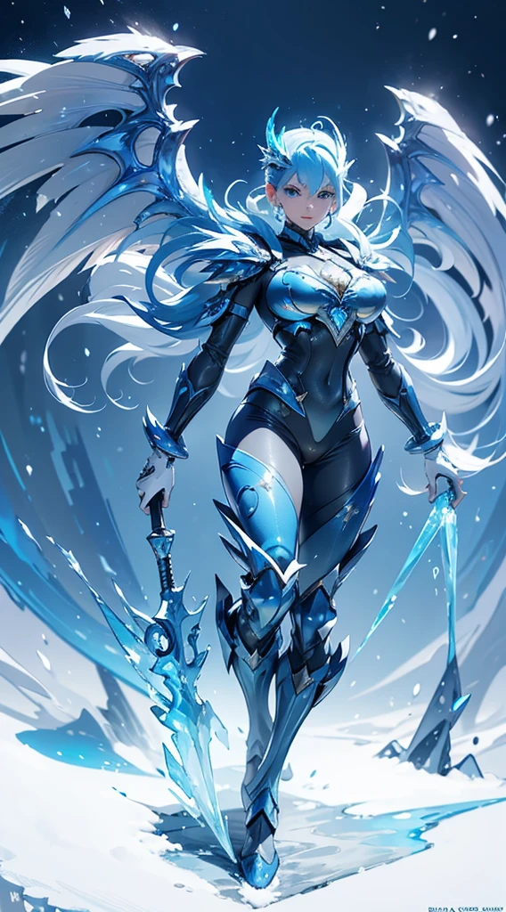 (high-res, vivid colors), blue bird alien, detailed feathers, sparkling eyes, alien landscape, vibrant colors, surreal atmosphere, glowing lights, otherworldly features, intricate patterns, dreamlike scenery, Arctic Frost Ranger: A suit featuring icy blue and frosty white hues, accented with snowflake patterns and frost crystals. This Ranger commands the power of ice and cold, with abilities such as creating blizzards, forming ice constructs for defense, and freezing enemies in their tracks.