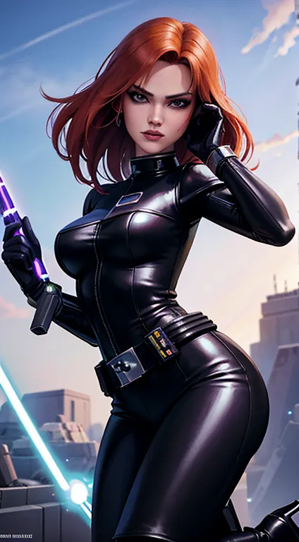 mara jade from star wars, science fiction, star wars based environment, she's wearing a tight shiny black leather suit, gloves, ...