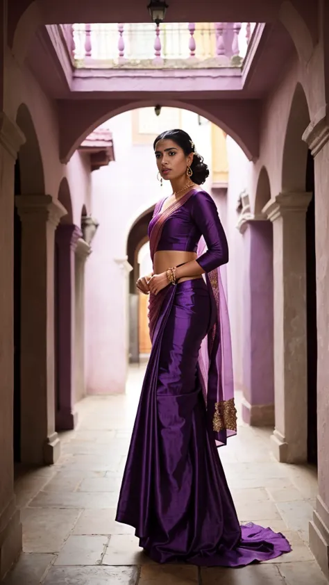 a woman in a pink and purple sari standing in a courtyard, a picture inspired by t. k. padmini, trending on cg society, renaissa...