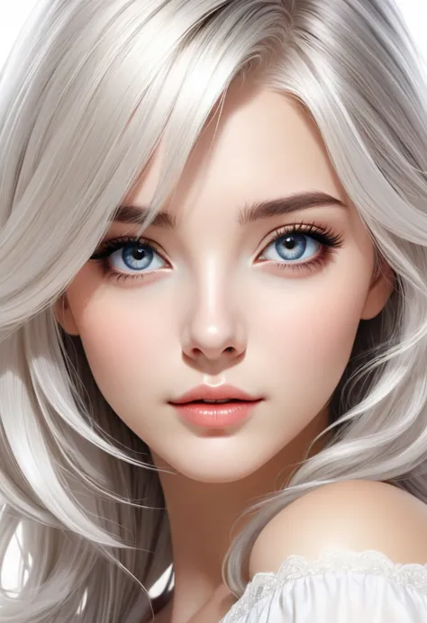   Cowboy Shot、Vectorized graphic design of a cute beautiful girl with silvery-white medium length hair. A close-up of her beauti...