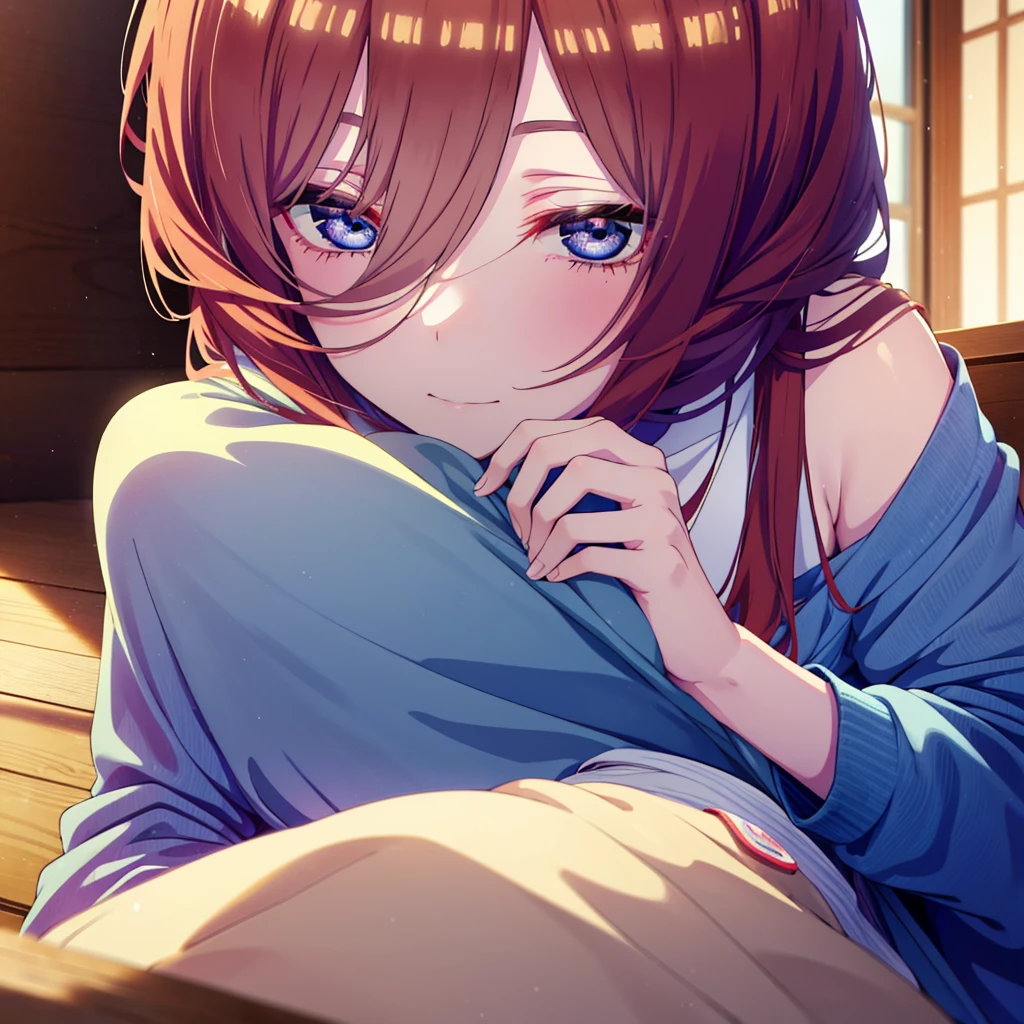 Mikunakano, miku nakano, Long Hair, bangs, blue eyes, Brown Hair, shirt, Hair between the eyes,smile,Open your mouth, Messy Hair,オーバサイズtshirt,One Shoulder,Black string underwear,barefoot,Sitting on the sofa,There is a coffee mug on the table,whole bodyがイラスト入るように,
break indoors, Bedroom,Building district,
break looking at viewer, whole body,
break (masterpiece:1.2), Highest quality, High resolution, unity 8k wallpaper, (figure:0.8), (Beautiful attention to detail:1.6), Highly detailed face, Perfect lighting, Highly detailed CG, (Perfect hands, Perfect Anatomy),