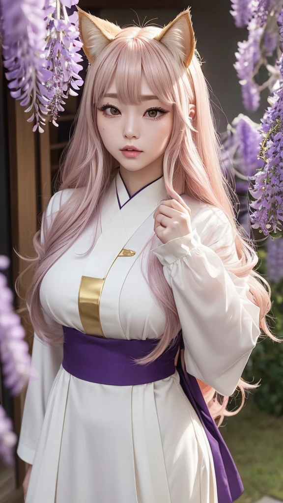 (In a Japanese-style townscape、Posting on SNS、Her hair color is champagne gold with a slight purple tint.、Semi-long with slightly bouncy hair、With cat ears of the same color as her hair、White demon horns with red tips growing from his forehead.、With wisteria hair ornament、The cat&#39;s eyes are large and bright red.、There is a small tattoo on the cheek.、Earrings are、Flame-shaped gemstone、The upper body is in a red kimono with bare shoulders.、The lower half is in white shorts、Wearing geta)Highest quality、Ultra delicate、Ultra HD、Super Resolution、Dynamic Lighting Effects、Ultra-precise geometric pattern background