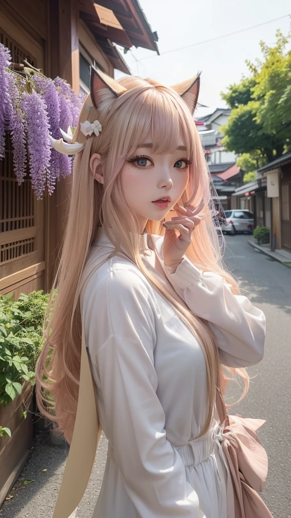 (In a Japanese-style townscape、Posting on SNS、Her hair color is champagne gold with a slight purple tint.、Semi-long with slightly bouncy hair、With cat ears of the same color as her hair、White demon horns with red tips growing from his forehead.、With wisteria hair ornament、The cat&#39;s eyes are large and bright red.、There is a small tattoo on the cheek.、Earrings are、Flame-shaped gemstone、The upper body is in a red kimono with bare shoulders.、The lower half is in white shorts、Wearing geta)Highest quality、Ultra delicate、Ultra HD、Super Resolution、Dynamic Lighting Effects、Ultra-precise geometric pattern background