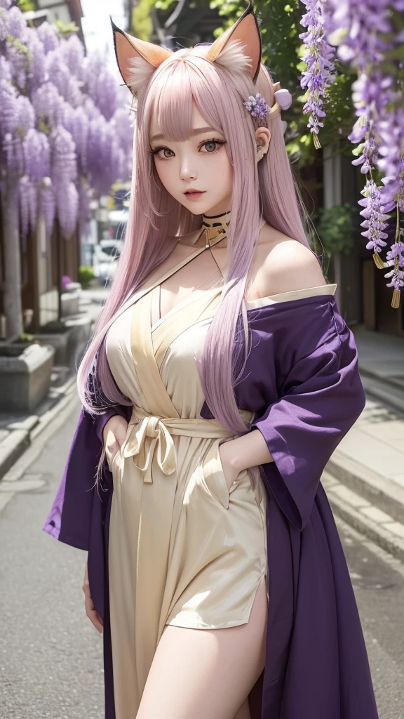 (In a Japanese-style townscape、Posting on SNS、Her hair color is champagne gold with a slight purple tint.、Semi-long with slightly bouncy hair、With cat ears of the same color as her hair、White demon horns with red tips growing from his forehead.、With wisteria hair ornament、The cat&#39;s eyes are large and bright red.、There is a small tattoo on the cheek.、Earrings are、Flame-shaped gemstone、The upper body is in a red kimono with bare shoulders.、The lower half is in white shorts、Wearing geta)Highest quality、Ultra delicate、Ultra HD、Super Resolution、Dynamic Lighting Effects、Ultra-precise geometric pattern background