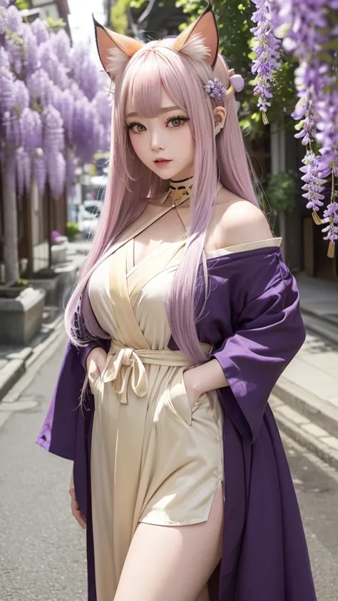 (in a japanese-style townscape、posting on sns、her hair color is champagne gold with a slight purple tint.、semi-long with slightl...