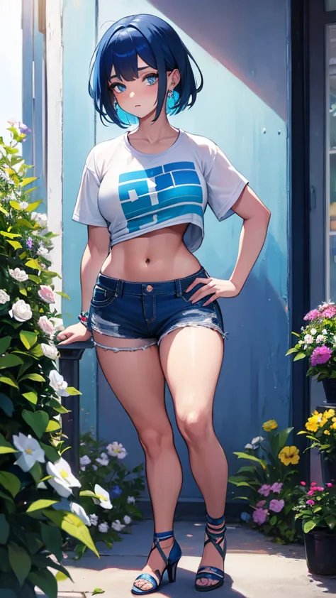 girl, blue hair, blue eyes, short hair, flowers earrings, freckles, big boobs ,white t shirt, mini shorts, white high heels