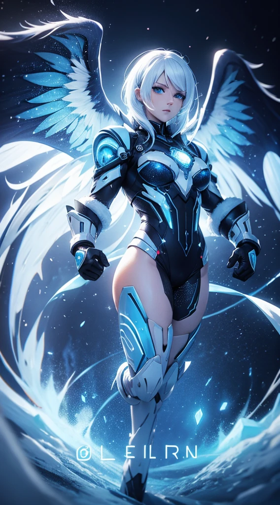 (high-res, vivid colors), blue bird alien, detailed feathers, sparkling eyes, alien landscape, vibrant colors, surreal atmosphere, glowing lights, otherworldly features, intricate patterns, dreamlike scenery, Arctic Frost Ranger: A suit featuring icy blue and frosty white hues, accented with snowflake patterns and frost crystals. This Ranger commands the power of ice and cold, with abilities such as creating blizzards, forming ice constructs for defense, and freezing enemies in their tracks.