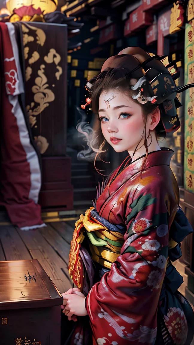 Highest quality、masterpiece、8k、Realistic、超High resolution、Very delicate and beautiful、High resolution、Cinema Lighting、Face close-up、Perfect female body、Opposition、Looking at the audience、((oiran、Gorgeous kimono、Vibrant colors、embroidery、band、hairpin、(Date Hyogotaka:1.8)、Gorgeous hair ornament、Powder Makeup、Red lips、Delicate hand movements、Graceful attitude))、parade、On the tatami、Golden Screen、fan、tent、Traditional beauty、A fleeting look、Smoke Tube、Elegant atmosphere、Historical background、Night view、Glossy feel、grace、Captivating Charm