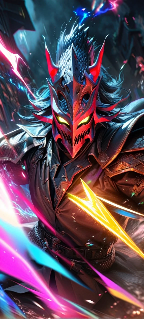  High quality, ultra realistic,absurdres, highres, ultra detailed, HDR, masterpiece, extremely detailed face and eyes,  dragon knight , solo, ,man, handsome, ,dragon knight mask , Epic fight scene, colorful splashing effect, colorful lightning  effect,glowing glitters , 