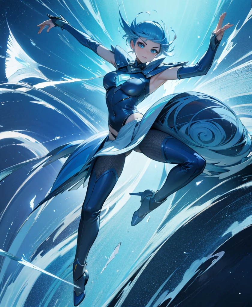 (high-res, vivid colors), blue bird alien, detailed feathers, sparkling eyes, alien landscape, vibrant colors, surreal atmosphere, glowing lights, otherworldly features, intricate patterns, dreamlike scenery, Arctic Frost Ranger: A suit featuring icy blue and frosty white hues, accented with snowflake patterns and frost crystals. This Ranger commands the power of ice and cold, with abilities such as creating blizzards, forming ice constructs for defense, and freezing enemies in their tracks.