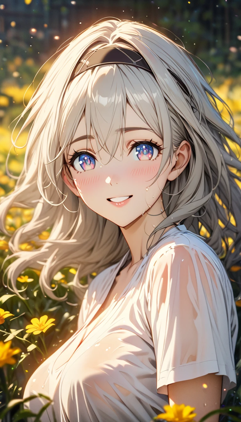 beautiful girl, long grey hair, beautiful face,smiling,close up to hips, beautiful breast, in the middle of flowers field, wearing wet shirts, (open mouth:0.4),illustration,detailed textures(realists),ultra-detailed,portrait style,vivid colors,soft lighting, blushing, mature, hair fluttering, evening light , head band, cleavages , no bras, side profile, slim and ((fit figure)), shy