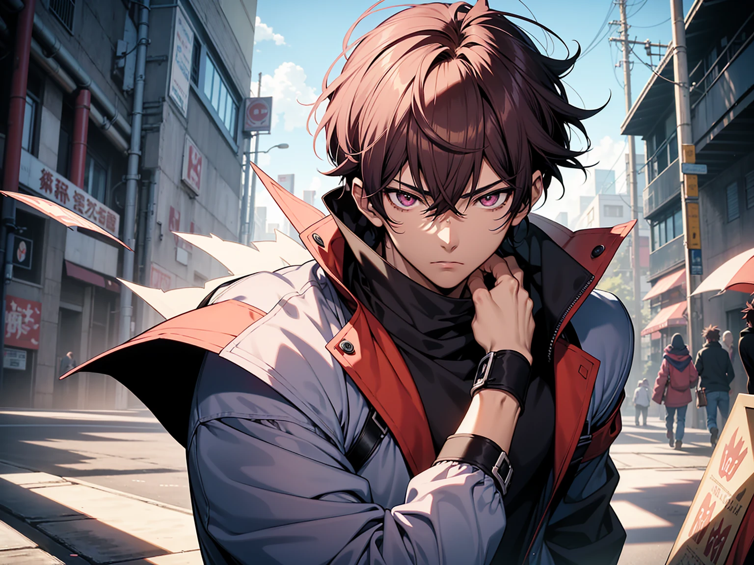 a boy , Face Focus, Single character, Tall anime man，With deep pink eyes, Cool anime poses, Anime Illustrations, Kentaro Miura style, Kentaro Miura's artistic style, Young anime man, Inspired by Okumura Tougyu, He was nearby, Anime handsome man,  Looking at the audience, high resolution, Super sharp, 8K, masterpiece