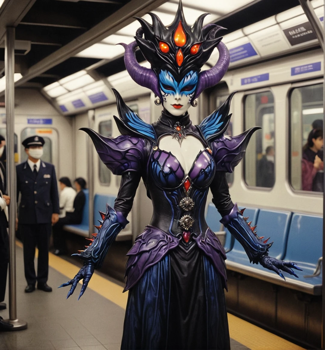 kaijinxl. full body, perfect anatomy. a tall monster countess, from the side, wearing a black shadows (violet dark flames:1.2) monster themed costume and mysterious glowing blue eyed mask with flames form headgear. emphasized-details, on Tokyo metro surrounded by people around her, gloomy, retro filter, VHS screencap,  