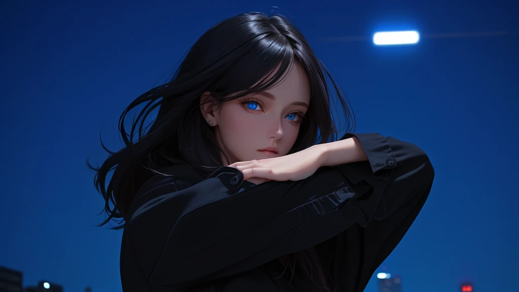 ultra-detailed, beautiful eyes, detailed eyes, detailed face, ultra-detailed, beautiful eyes, A woman with beautiful blue eyes, looking at us on a  night in the city, dressed in black casual, loose-fitting clothes, Composition like a scene from a movie, master piece, best quality, high resolution, 16k
