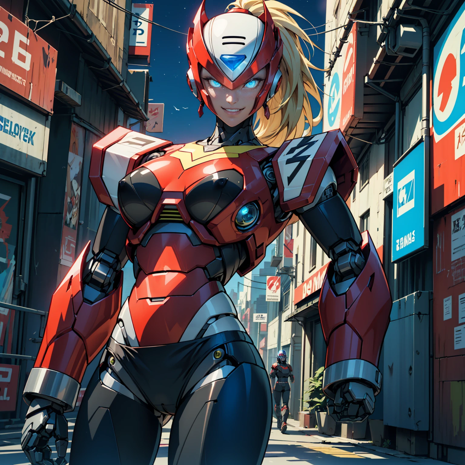 zero_megamanx, ((long blonde hair, ponytail, glowing blue eyes, red and black color armor, makeup, narrow waist, skinny, medium breasts, helmet)), pelvic curtain, ((black panties, red bra)), full body, perfect body, (insanely detailed, beautiful detailed face, masterpiece, best quality) , (((solo))), (((1robot))), (((mature))), (extremely detailed 8k paper CG wall unit: 1.1), (cyberpunk, street, night), (smile face for the viewer), mechanical parts, robot joints