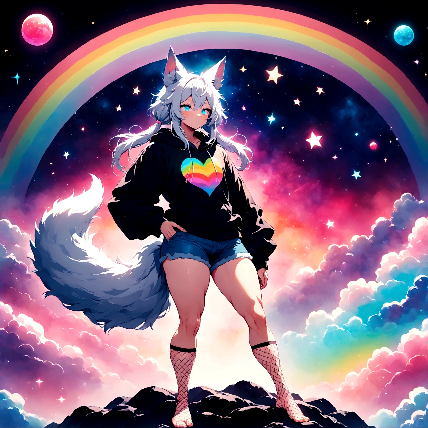 a cute adult male with wolf ears, long white hair, long locks, has a wolf tail, wearing a loose cropped black hoodie, wearing a pair of denim short shorts and fishnet stockings, thick thighs, wide hips, relaxing on mound of fluffy multi colored kawaii plushies, short, very slim, showing slender tummy, heart on hoodie, squishy thighs, has glowing blue eyes. alone, solo (ALONE)(SOLO), surrounded by rainbows, colorful galaxy backround

