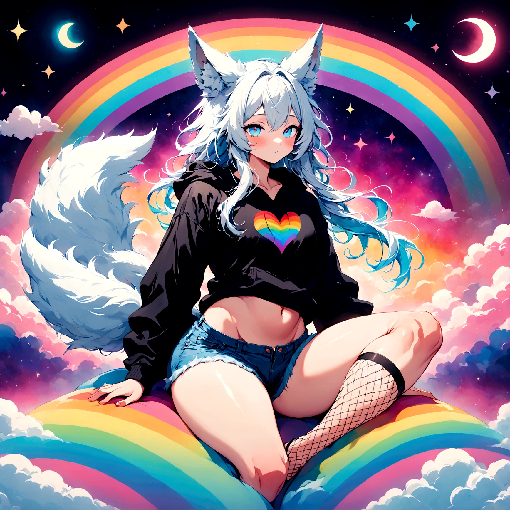 a cute adult male with wolf ears, long white hair, long locks, has a wolf tail, wearing a loose cropped black hoodie, wearing a pair of denim short shorts and fishnet stockings, thick thighs, wide hips, relaxing on mound of fluffy multi colored kawaii plushies, short, very slim, showing slender tummy, heart on hoodie, squishy thighs, has glowing blue eyes. alone, solo (ALONE)(SOLO), surrounded by rainbows, colorful galaxy backround
