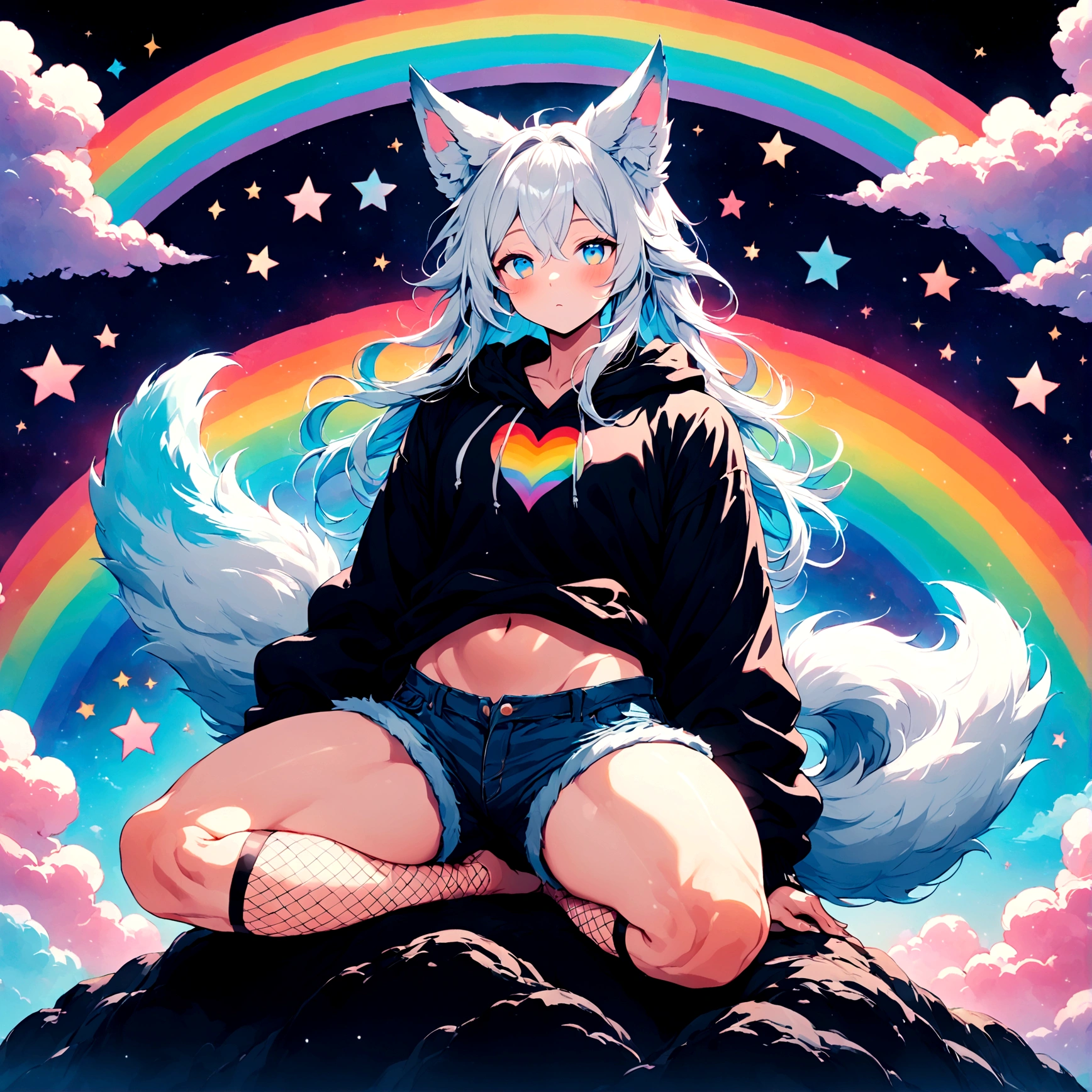 a cute adult male with wolf ears, long white hair, long locks, has a wolf tail, wearing a loose cropped black hoodie, wearing a pair of denim short shorts and fishnet stockings, thick thighs, wide hips, relaxing on mound of fluffy multi colored kawaii plushies, short, very slim, showing slender tummy, heart on hoodie, squishy thighs, has glowing blue eyes. alone, solo (ALONE)(SOLO), surrounded by rainbows, colorful galaxy backround
