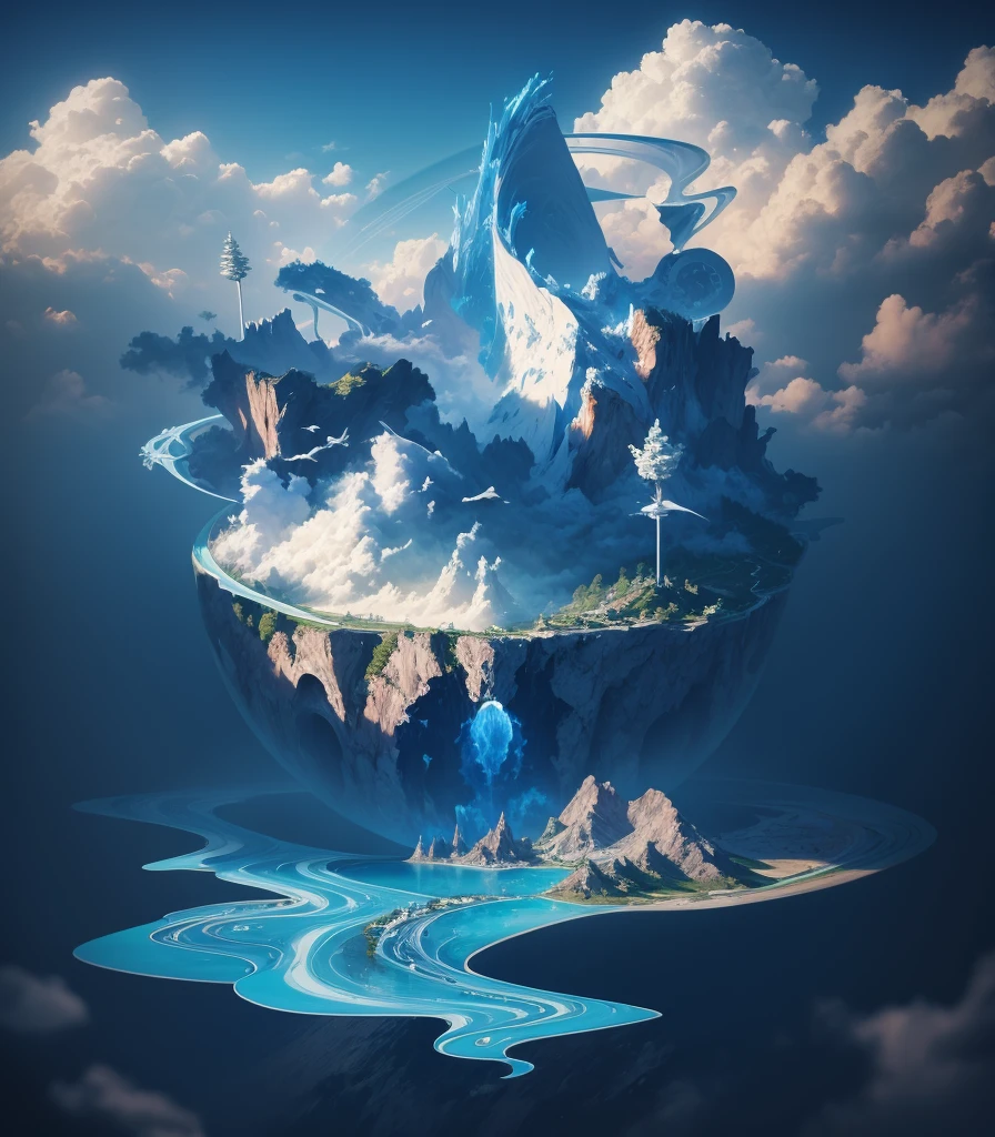 blue colors，scenecy，Mountains and rivers，water flowing，blue-sky，Uniform and rich shades，extraordinary，hd render，The light is gentle、cumulonimbus
