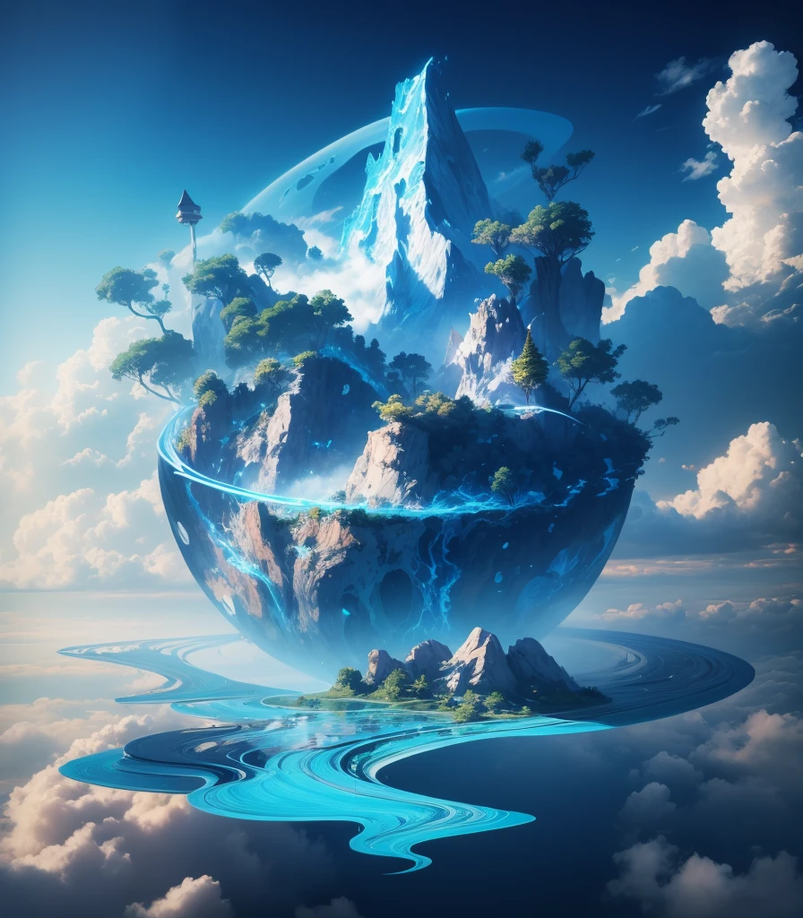 blue colors，scenecy，Mountains and rivers，water flowing，blue-sky，Uniform and rich shades，extraordinary，hd render，The light is gentle、cumulonimbus