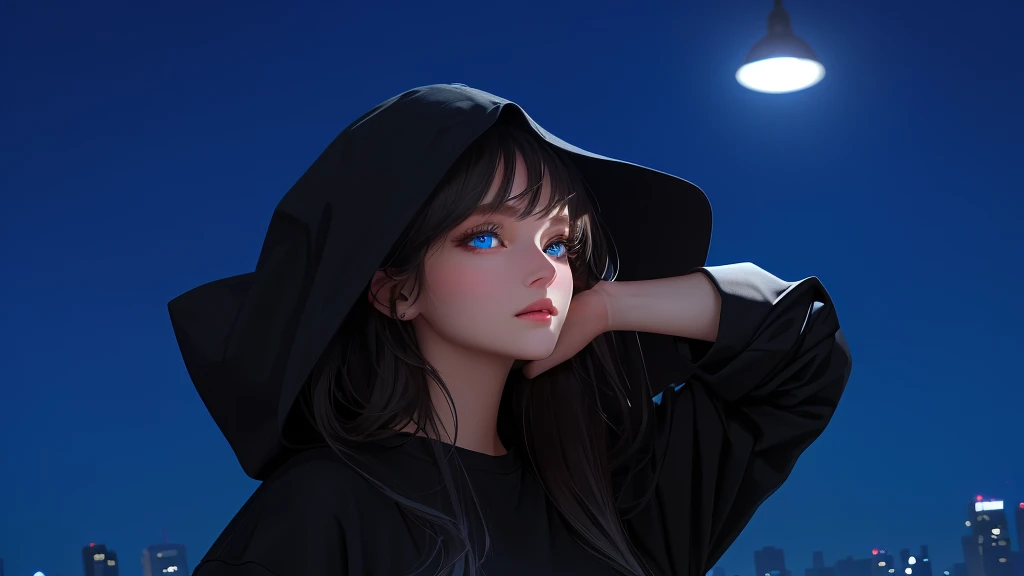 ultra-detailed, beautiful eyes, detailed eyes, detailed face, ultra-detailed, beautiful eyes, A woman with beautiful blue eyes, looking at us against the backdrop of a  night cityscape,, dressed in black casual, loose-fitting clothes, Composition like a scene from a movie, master piece, best quality, high resolution, 16k
