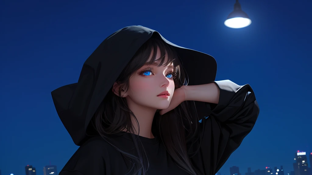 ultra-détaillé, Beaux yeux, yeux détaillés, Visage détaillé, ultra-détaillé, Beaux yeux, Une femme aux beaux yeux bleus, nous regardant sur fond de ville nocturne,, vêtu de noir décontracté, vêtements amples, composition comme une scène de film, chef-d&#39;œuvre, Meilleure qualité, haute résolution, 16k