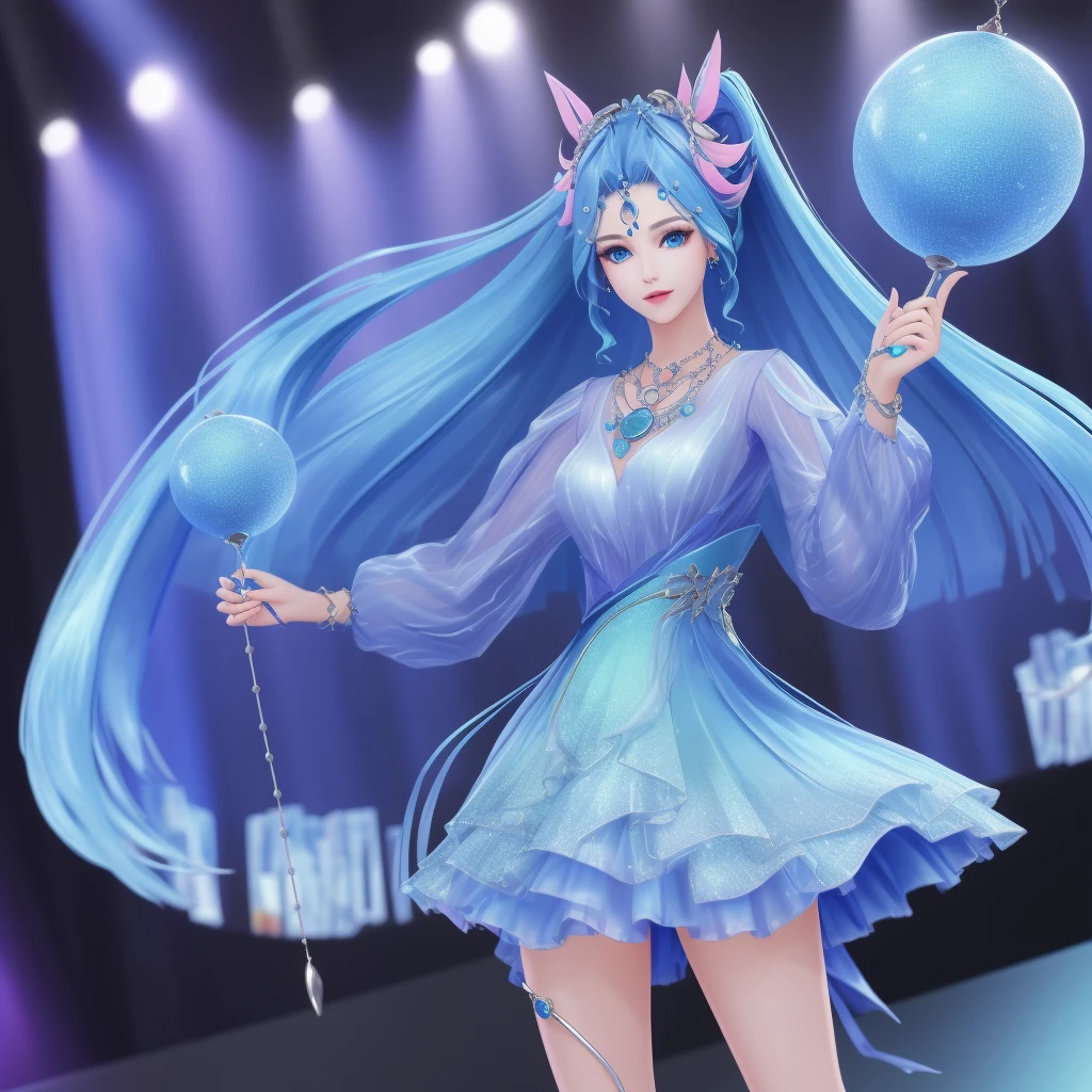 8k,highres,absurdres,masterpiece,best quality,original,extremely detailed CG,extremely detailed wallpaper,perfect lighting,1girl,solo,blurry_background,looking_at_viewer,standing on the stage,
WZRYdiaochanHQG,blue hair,dress,bare legs,long hair,blue eyes,hair ornament,jewelry,high heels,necklace,puffy long sleeves,