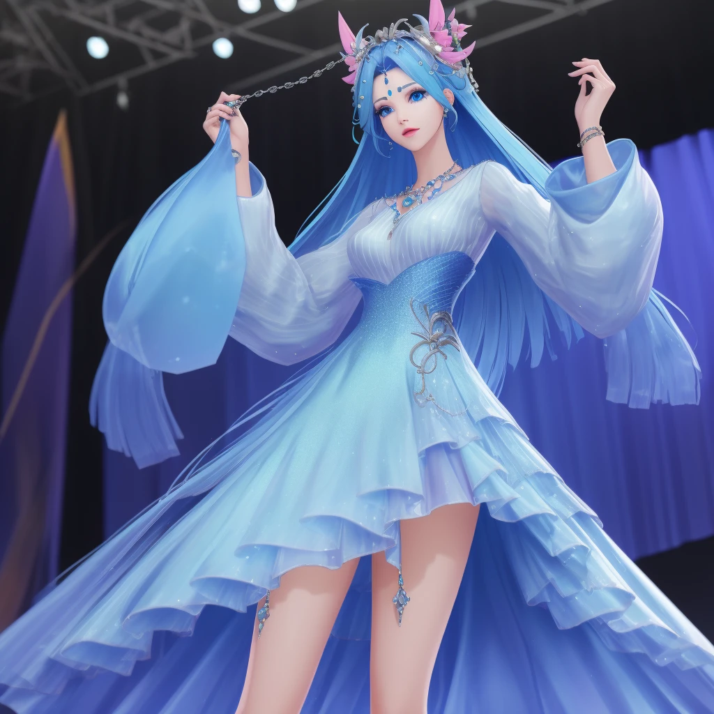 8k,highres,absurdres,masterpiece,best quality,original,extremely detailed CG,extremely detailed wallpaper,perfect lighting,1girl,solo,blurry_background,looking_at_viewer,standing on the stage,
WZRYdiaochanHQG,blue hair,dress,bare legs,long hair,blue eyes,hair ornament,jewelry,high heels,necklace,puffy long sleeves,