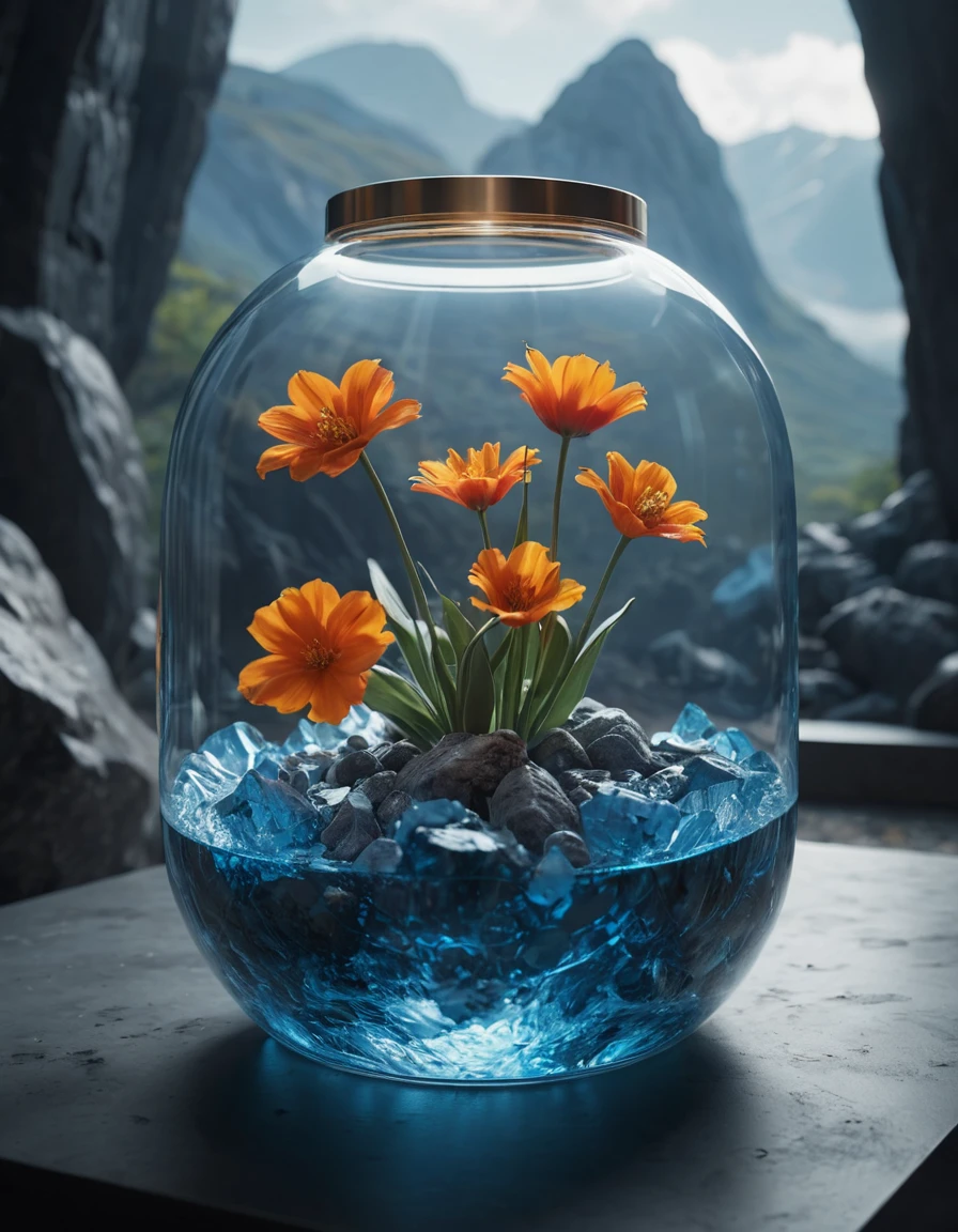 ultra realistic 8k cg, flawless, clean, masterpiece, professional artwork, famous artwork, cinematic lighting, cinematic bloom, (((photo raw)), background), a large clear  glass futuristic  container with a messhall inside, blue  rock