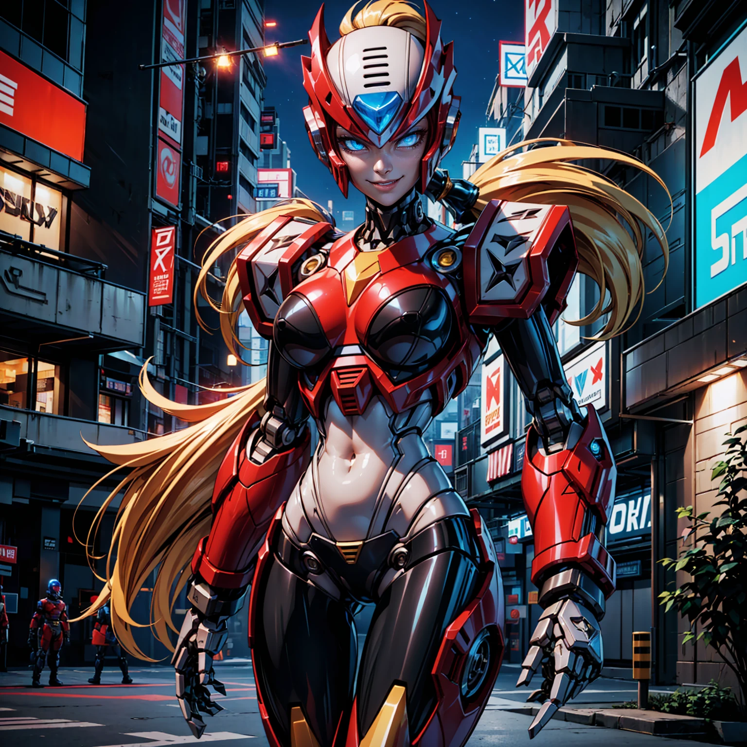 zero_megamanx, ((long blonde hair, ponytail, glowing blue eyes, red and black color armor, makeup, narrow waist, skinny, medium breasts, helmet)), pelvic curtain, ((black panties, red bra)), full body, perfect body, (insanely detailed, beautiful detailed face, masterpiece, best quality) , (((solo))), (((1robot))), (((mature))), (extremely detailed 8k paper CG wall unit: 1.1), (cyberpunk, street, night), (smile face for the viewer), mechanical parts, robot joints