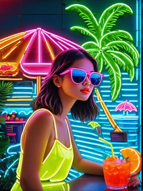 Neon，Shop sign，Tropical scene，Palm tree，Bistro，Fruit drinks，Sea，Cool little girl wearing sunglasses，发光的NeonShop sign，Ultra high ...