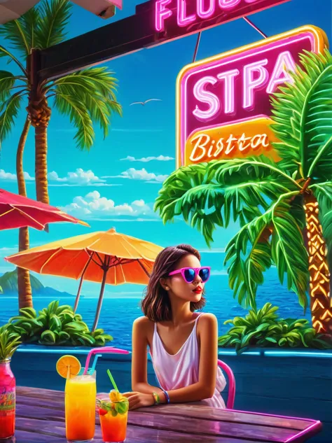 Neon，Shop sign，Tropical scene，Palm tree，Bistro，Fruit drinks，Sea，Cool little girl wearing sunglasses，发光的NeonShop sign，Ultra high ...