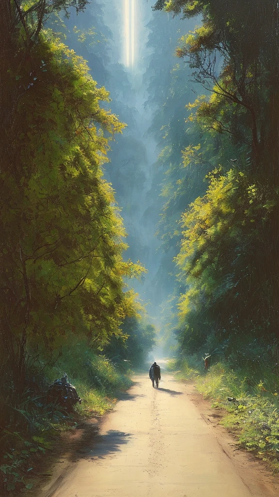 (masterpiece) RAW highly detailed, a man with a post-apocalyptic dog with a backpack is walking down a clear alley in a leafy and long forest, at the end of the way a strong white light shaped ball, hassanfantasy style, by Jeremy Mann and Donato Giancola ultra realistic highly detailed intricate photorealistic