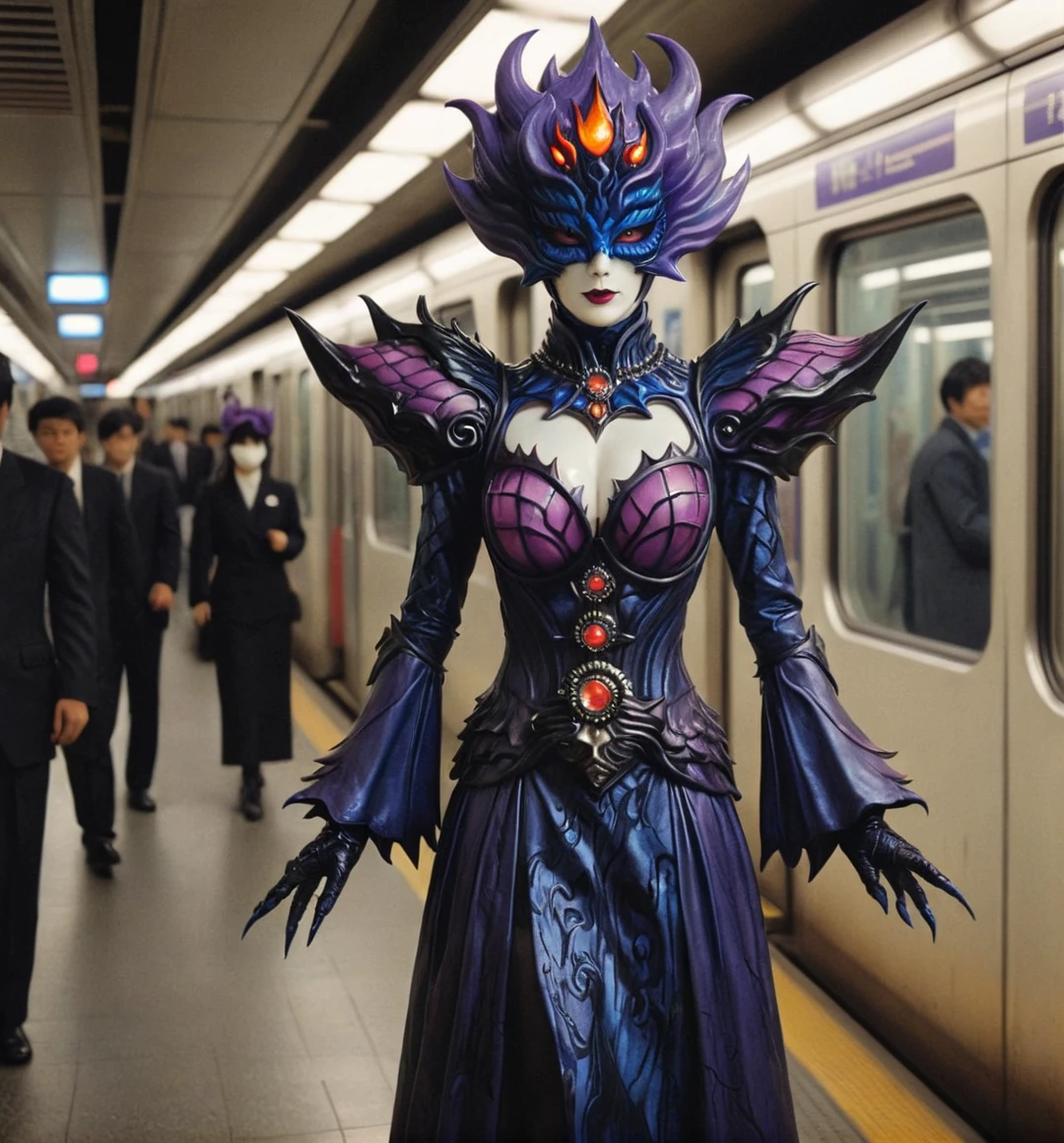 kaijinxl. full body, perfect anatomy. a tall monster countess, from the side, wearing a black shadows (violet dark flames:1.2) monster themed costume and mysterious glowing blue eyed mask with flames form headgear. emphasized-details, on Tokyo metro surrounded by people around her, gloomy, retro filter, VHS screencap,  