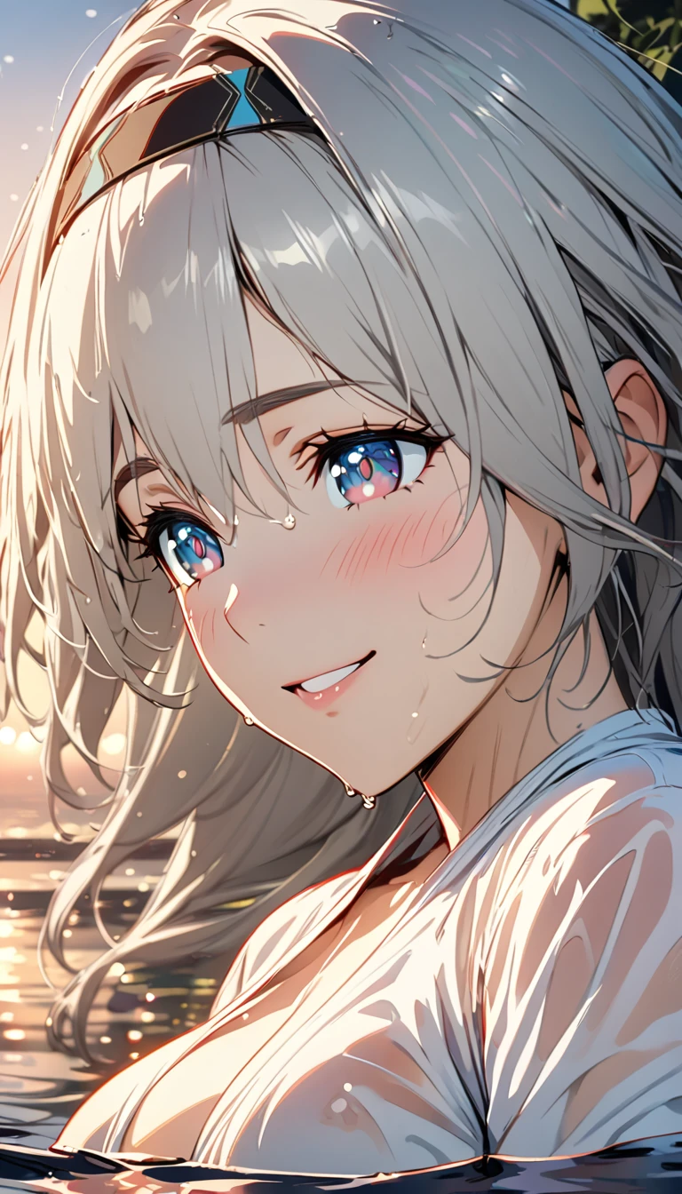 beautiful girl, long grey hair, beautiful face,smiling,close up to hips, beautiful breast, floating in the middle of lake, wearing wet shirts, (open mouth:0.4),illustration,detailed textures(realists),ultra-detailed,portrait style,vivid colors,soft lighting, blushing, mature, hair fluttering, evening light , head band, cleavages , no bras, side profile, slim and ((fit figure)), shy