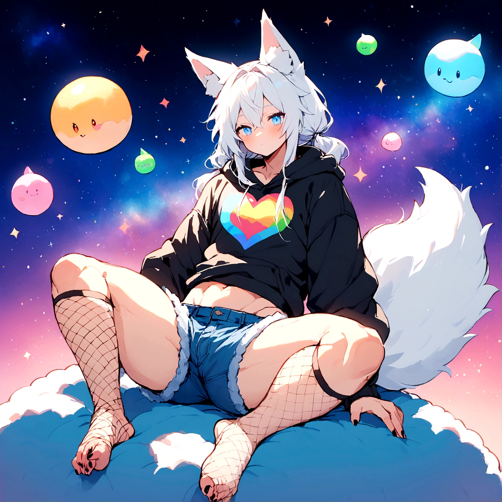 a cute adult male with wolf ears, long white hair, long locks, has a wolf tail, wearing a loose cropped black hoodie, wearing a pair of denim short shorts and fishnet stockings, thick thighs, wide hips, relaxing on mound of fluffy multi colored kawaii plushies, short, very slim, showing slender tummy, heart on hoodie, squishy thighs, has glowing blue eyes. alone, solo (ALONE)(SOLO), colorful galaxy backround, has abs
