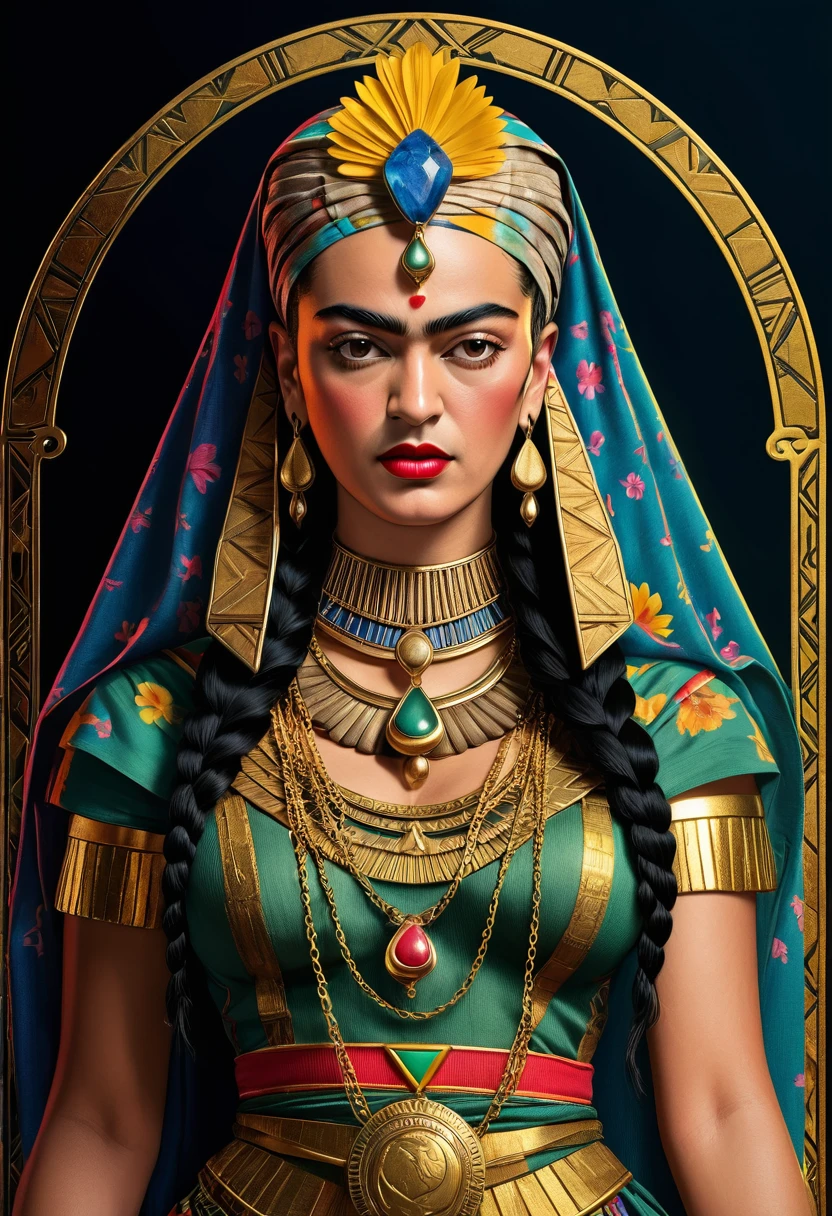 Frida Kahlo as a Tarot Card: score_9, score_8_up, score_7_up, score_6_up, score_5_up, [ ACOCleopatra],[Black Hair],Cleopatra from Assassin's Creed Origins,[Jewelry],[ancient Egypt],4k,sharp image,detailed, sexy, extremely detailed artgerm, (masterpiece, best quality:1.2), (insanely detailed, beautiful detailed, masterpiece, best quality), (insanely detailed, masterpiece, best quality) of tarot cards, a touch of Frida's signature artistic flair. (best quality, highres, vivid colors, photorealistic, artistic interpretation, detailed portrait), surreal tarot card, Frida Kahlo as a goddess in the tarot deck.