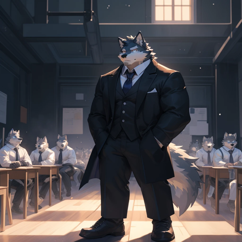 masterpiece,ultra-detailed,illustration,detailed lighting,moonlit shadows,(1 anthro wolf furry character:1.1),(Wolf's facial features:1.1),(Magic academy teacher:1.2),(Completely black fur:1.3),santhropomorphic,piercing eyes,serious expression,black tie,buttoned up all the way,moonlit interior of magic academy classroom,wooden desks and chairs,blackboard,moonlight filtering through tall windows,a sense of strict discipline,cold intellectualism,restraint,Stand upright with feet slightly apart,hands clasped behind back，Perfect male body，Tight clothing，pawpadsanthropology((Dramatic))epic, Dynamic poses, a scene of, Extreme perspective and powerful composition, Depth of Field, Motion blur, absurdes, looking at the audience, Perfect anatomical structure, , arms, (best quality), (masterpiece), (ultra deTailed), Clear focus, niji, Eye contact, Black eyes, anthropology (Wolf), male, Black body,  Tail, muscular, ultra deTailed face，big balls