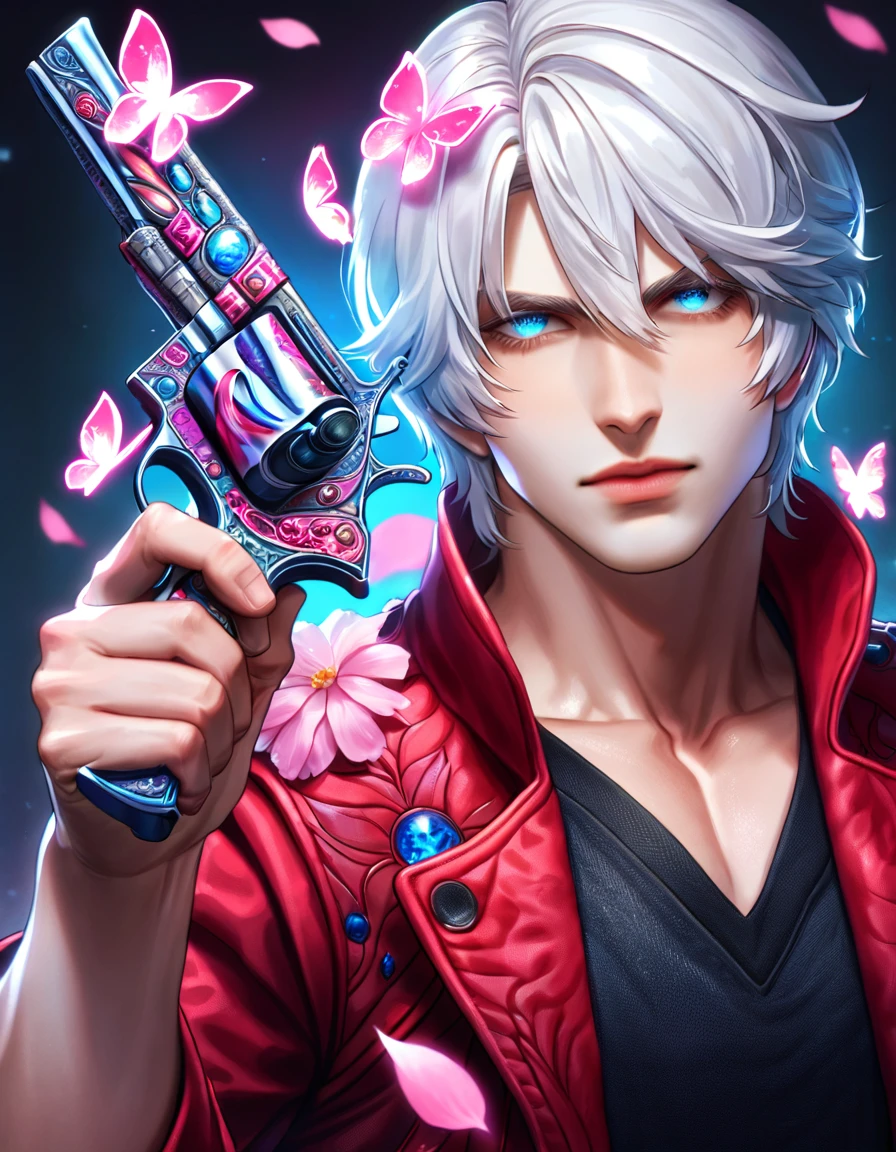 absurdres, highres, ultra detailed, HDR, master piece, best quality, Dante, white hair, expressive blue eyes, devil may cry, solo, man holding a gun, handsome, red coat, black shirt, magical, fantasy, shining, pink flowers, pink blossoms, pink butterflies, pink petals, water