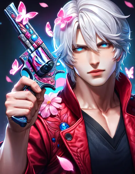 absurdres, highres, ultra detailed, HDR, master piece, best quality, Dante, white hair, expressive blue eyes, devil may cry, sol...
