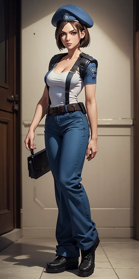 Jill Valentine, masterpiece, best quality, 1girl, solo, standing, jillre1, beret, uniform, shoulder pads, short sleeves, harness...