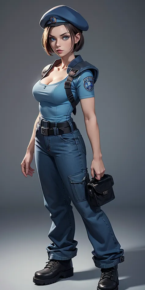 Jill Valentine, masterpiece, best quality, 1girl, solo, standing, jillre1, beret, uniform, shoulder pads, short sleeves, harness...