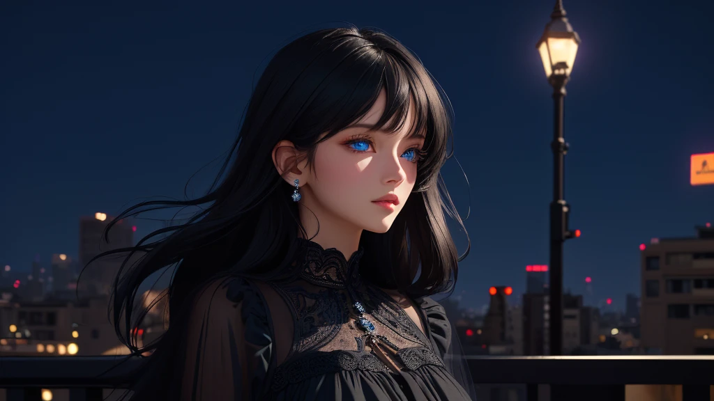 ultra-détaillé, Beaux yeux, yeux détaillés, Visage détaillé, ultra-détaillé, Beaux yeux, cheveux noirs mi-longs, prise de vue en grand angle, Une femme aux beaux yeux bleus,  regarder le paysage nocturne de la ville une nuit, profil, robe ample décontractée noire, lumières fantastiques des bâtiments et des bâtiments, vêtements amples, composition comme une scène de film, chef-d&#39;œuvre, Meilleure qualité, haute résolution, 16k