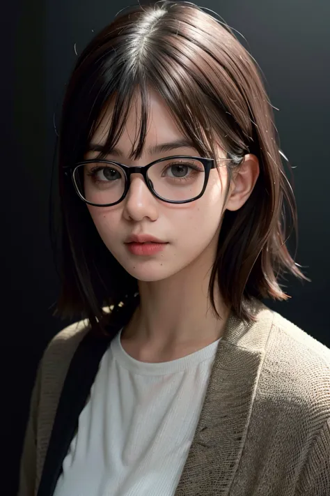 1 Girl with glasses, portrait of the man, Upper Body, front, chest, Looking_Audience, black_Foodie, Food, Simple_background, dar...