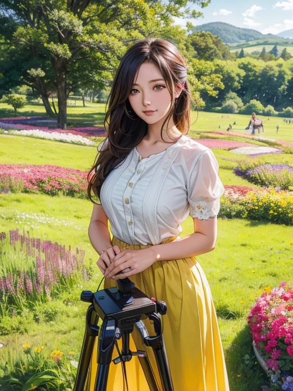 A wooden picture frame is placed on a tripod in a wide grassland filled with 豐富多彩的 flowers., 框架內的視圖是一張非常詳細的照片, 框外的風景是一張動漫風格的照片, 一個女人凝視著觀眾&#39;從框看 s 的臉, 一臉驚訝地看著觀眾, 徒步旅行者風格的女人, 穿著緊身長褲, 奇怪的世界觀, 平行世界風格, 空間扭曲, (傑作:1.4), (最好的品質:1.4), 非常詳細, 複雜的, 非常詳細な, 形狀,豐富多彩的, 彩色的,