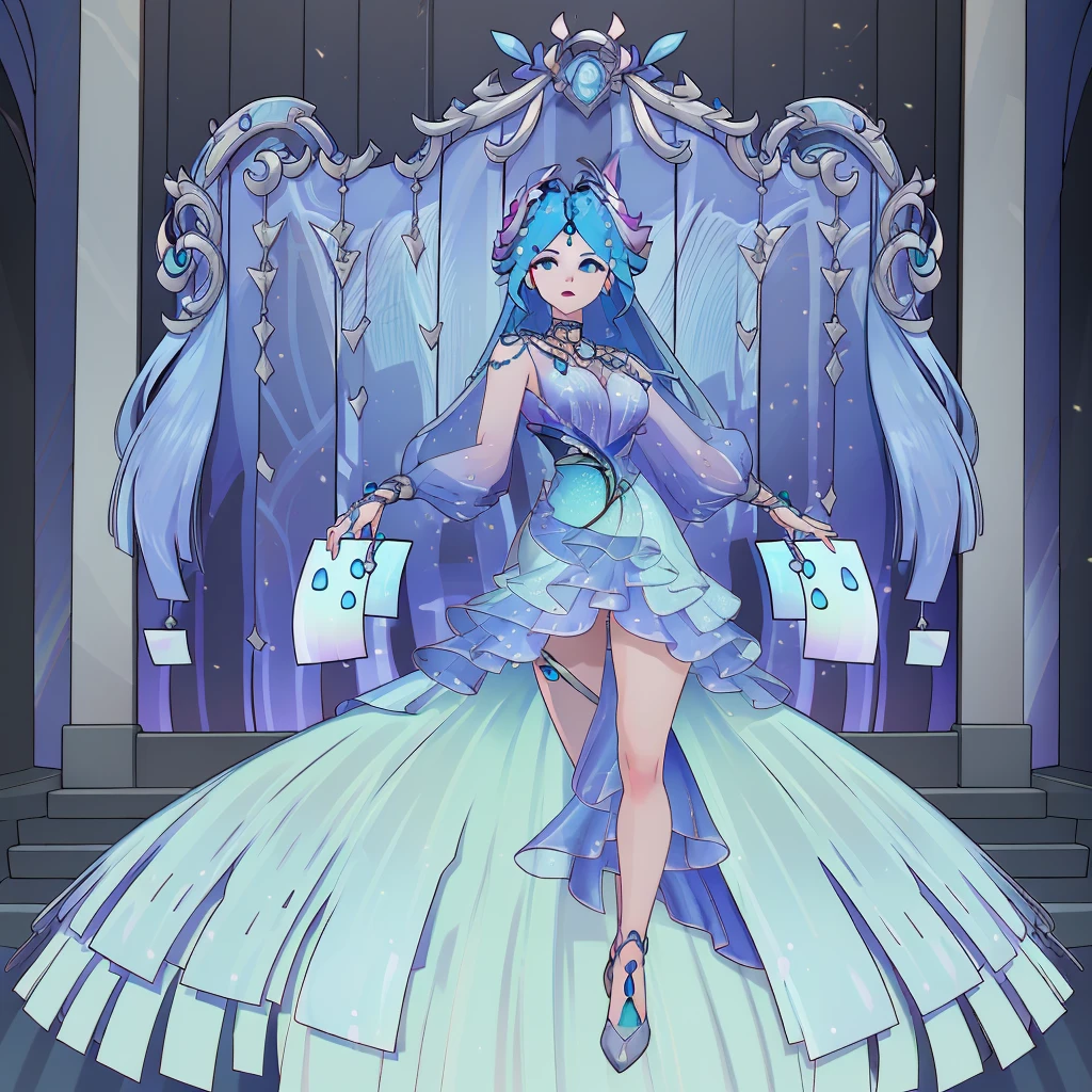 8k,highres,absurdres,masterpiece,best quality,original,extremely detailed CG,extremely detailed wallpaper,perfect lighting,1girl,solo,blurry_background,looking_at_viewer,standing on the stage,
WZRYdiaochanHQG,blue hair,dress,bare legs,long hair,blue eyes,hair ornament,jewelry,high heels,necklace,puffy long sleeves,