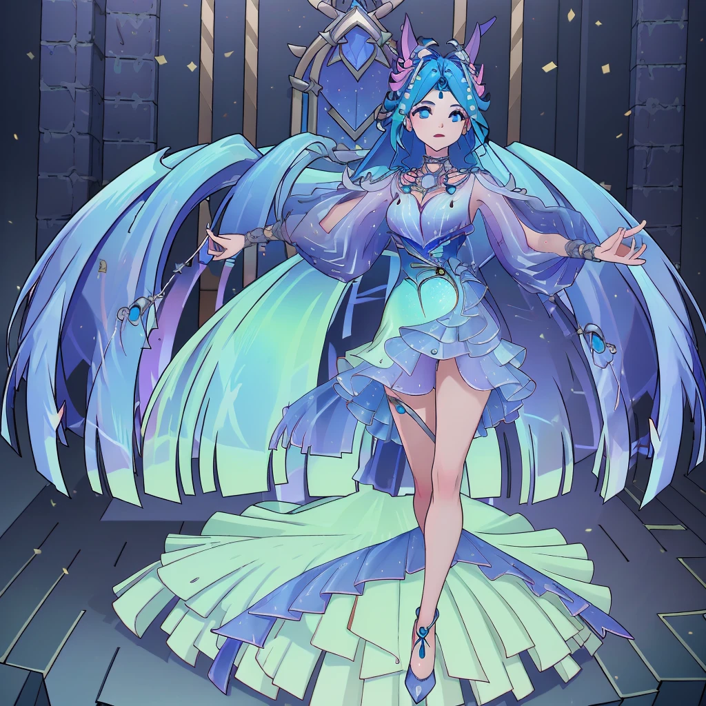 8k,highres,absurdres,masterpiece,best quality,original,extremely detailed CG,extremely detailed wallpaper,perfect lighting,1girl,solo,blurry_background,looking_at_viewer,standing on the stage,
WZRYdiaochanHQG,blue hair,dress,bare legs,long hair,blue eyes,hair ornament,jewelry,high heels,necklace,puffy long sleeves,