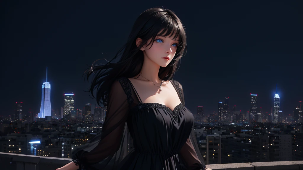 ultra-detailed, beautiful eyes, detailed eyes, detailed face, ultra-detailed, beautiful eyes, Black medium hair, high angle shot, Woman with beautiful blue eyes, looking at the city nightscape on a  night, profile, black casual loose-fitting dress, leaning against the wall, deep blue background, fantastic lights of buildings and buildings, Composition like a scene from a movie, master piece, best quality, high resolution, 16k